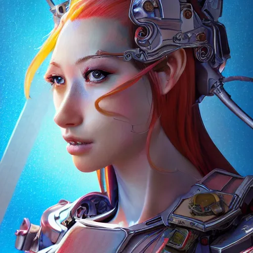 Image similar to studio portrait of lawful good colorful female holy mecha paladin absurdly beautiful, elegant, young sensual graceful woman, ultrafine hyperrealistic detailed face illustration by kim jung gi, irakli nadar, intricate linework, sharp focus, bright colors, matte, octopath traveler, final fantasy, unreal engine highly rendered, global illumination, radiant light, intricate environment