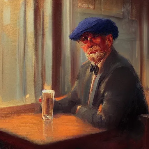 Prompt: Portrait of an oldman using a beret siting in a bar, looking to the camera, artwork by Craig Mullins, black background, trending on artstation, dramatic cinematic candle light