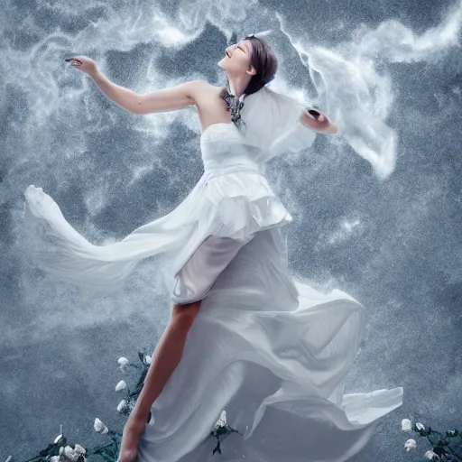 Prompt: a queen with a white large magnificent more and more vaporous ,wrapped ,hight decorated,detailed ,white roses cotton dress shooting surrounded by a bouquet of abstract white flowers and clouds during lightning storm ,surrealism 8k