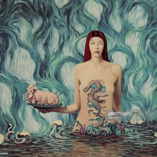 Prompt: tall female emo artist holding a pig's head in her flooded apartment, mushrooms, octopus, water gushing from ceiling, painting of flood waters inside an artist's apartment, a river flooding indoors, pomegranates, ikebana, zen, rapids, waterfall, black swans, canoe, berries, acrylic on canvas, surrealist, by magritte and monet