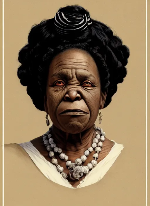 Image similar to a portrait of an old black woman with a crooked nose in victorian clothing, confident pose, intricate, elegant, sharp focus, illustration, highly detailed, concept art, matte, trending on artstation, anime, art by james jean and artgerm and brian despain and alberto mielgo, greg rutkowski, wlop, ilya kuvshinov, strong strokes