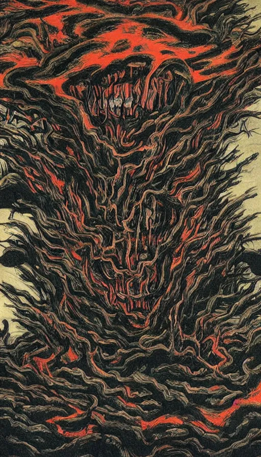 Prompt: a storm vortex made of many demonic eyes and teeth over a forest, by zeng fanzhi