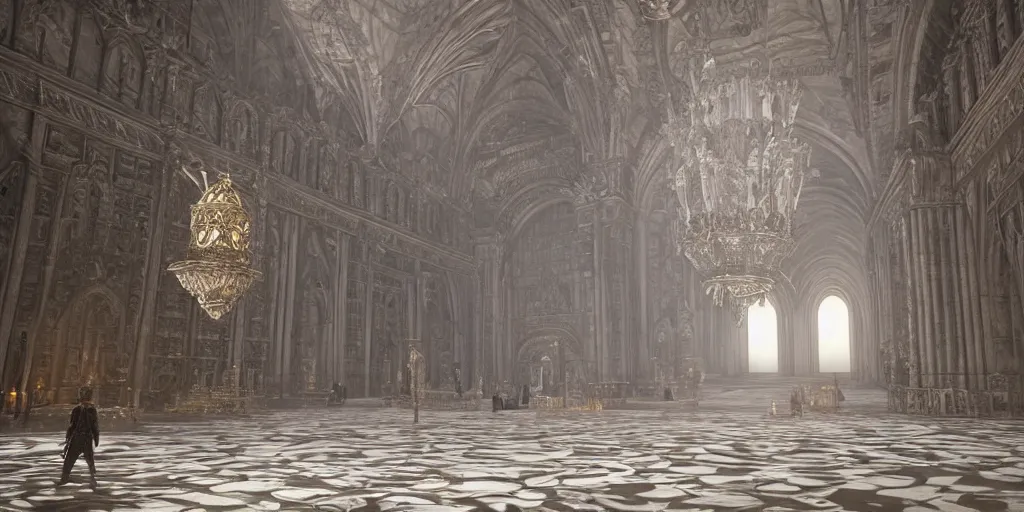 Prompt: the grand halls of anor londo, marble floors, art by kotaro chiba, volumetric lighting, epic composition