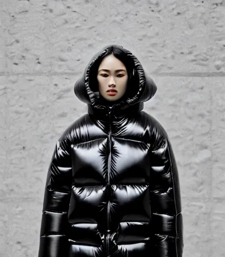 Image similar to well lit fashion shoot portrait of extremely beautiful female marble statue wearing huge over size puffer jacket by dingyun zhang, yeezy, balenciaga, vetements, a cold wall, sharp focus, clear, detailed,, cinematic, detailed, off white, glamourous, symmetrical, vogue, editorial, fashion, magazine shoot, glossy