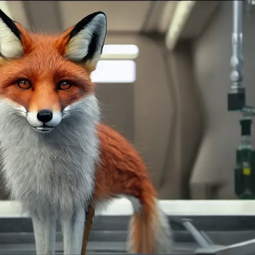 Image similar to a film still of a anthropomorphic fox wearing a lab coat in star wars realistic, detailed