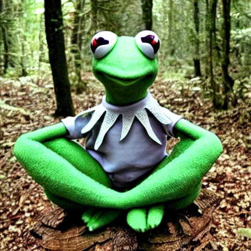 Image similar to kermit the frog as a holy sacred god on acid in the woods by john chamberlain