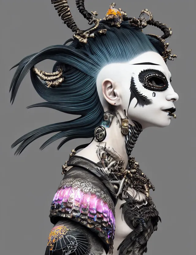 Image similar to 3 d goddess close - up profile simple portrait punk with mohawk with goat skull. beautiful intricately detailed japanese crow kitsune mask and clasical japanese kimono. betta fish, jellyfish phoenix, bio luminescent, plasma, ice, water, wind, creature, artwork by tooth wu and wlop and beeple and greg rutkowski