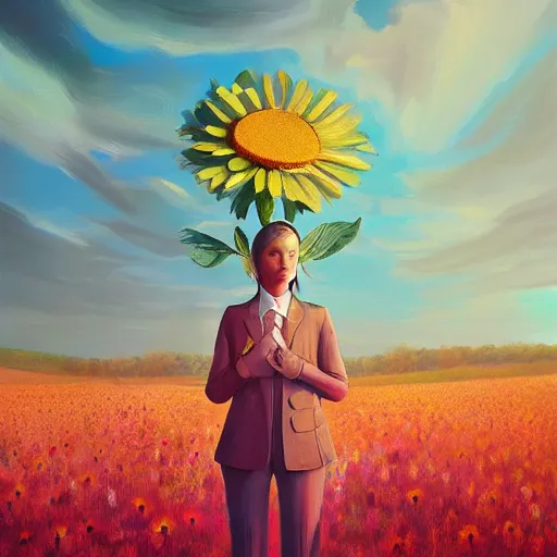 Image similar to giant daisy flower head, frontal, girl in a suit, surreal photography, sunrise, dramatic light, impressionist painting, digital painting, artstation, simon stalenhag