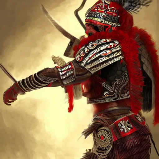 Image similar to mexican indigenous warrior in a ornated armor preparing for war, full body, dynamic pose, red and obsidian neon, concept art, intricate details, highly professionally detailed, cgsociety, highly detailed -