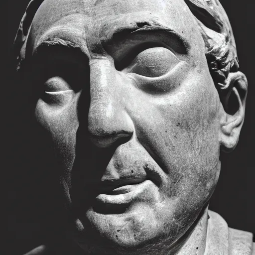 Prompt: photograph of an ancient Roman bust of Mr. Rogers in a museum, moody lighting, professional