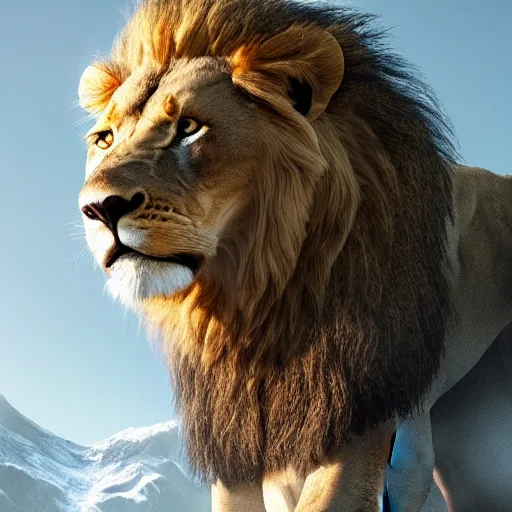 Image similar to a beautiful photo of lion roar on mountain, hyper realistic, natural light, concept art, cozy, atmospheric and cinematic lighting