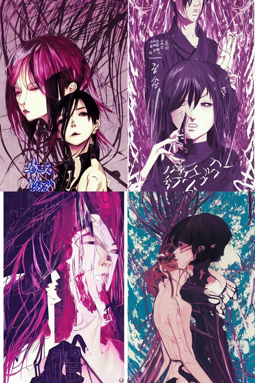 Prompt: professionally drawn shoujo mature cyberpunk horror romance manga comic cover full color, beautifully drawn coherent professional, drawn by ilya kuvshinov, ilya kuvshinov!, dave mckean, alphonse mucha and tsutomu nihei. japanese script kanji hiragana on the cover. simplistic minimalist stylized cover art. pink & purple & blue full color.