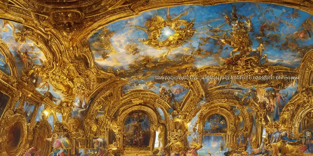 Prompt: beautiful ornate heavenly marble and gold rococo megastructure in the style of heironymus bosch, colorful light intricate masterpiece, hyper detailed, hd