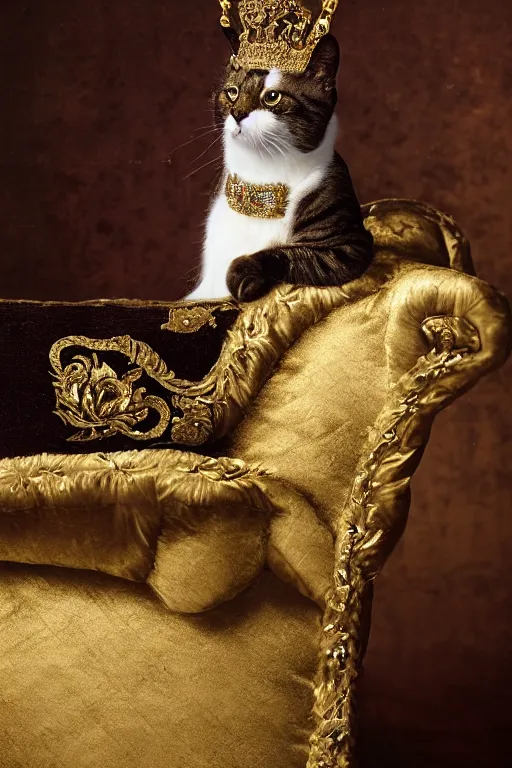 Prompt: tintype photography, portrait of a royal cat in his royal robes, outrageously fluffy, on an embroidered velvet cushion on a neo - rococo gilded little bed, by david lachapelle, photorealistic, photography, wide shot