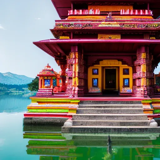 Image similar to A beautiful Hindu temple in front of a lake with a big sauwastika symbol on top, 50mm photo