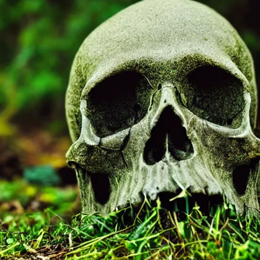 Image similar to mossy human skull being reclaimed by nature, macro photography, wide angle lens, blurred background