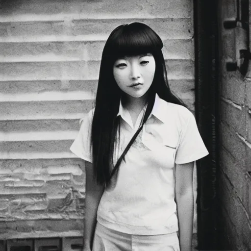 Prompt: 1970s perfect 8K HD professional photo of close-up japanese schoolgirl posing in sci-fi dystopian alleyway, at instagram, Behance, Adobe Lightroom, with instagram filters, depth of field, taken with polaroid kodak portra