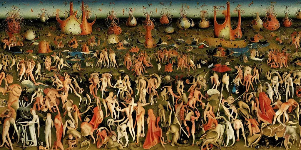 Image similar to A scene from hell, Garden of Earthly Delights painting style.