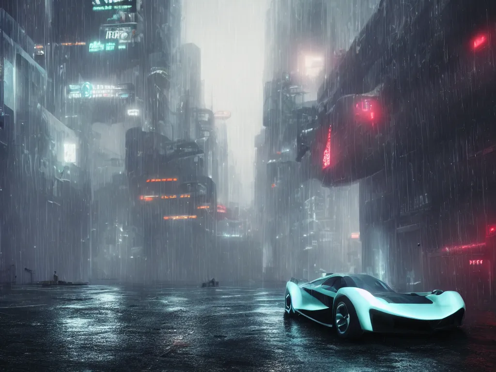 Image similar to Futuristic supercar on wet city streets, mist, volumetric lighting, octane, cyberpunk