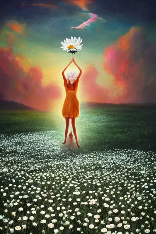 Image similar to giant white daisy flower under head, girl dancing in a flower field, surreal photography, sunrise, dramatic light, impressionist painting, colorful clouds, digital painting, artstation, simon stalenhag