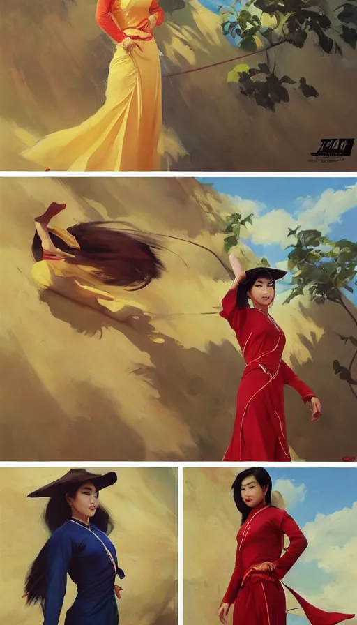 Image similar to greg manchess 6 panel comic of ao dai asian female, fighting asian male, asymmetrical, profile picture, organic painting, sunny day, matte painting, bold shapes, hard edges, street art, trending on artstation, by huang guangjian and ail elvgren and sachin teng