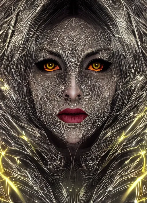 Image similar to glowing silver and golden elements, full close-up portrait, vector dark witch from shutterstock, book cover, green forest, white moon, red lips, establishing shot, extremly high detail, photo-realistic, cinematic lighting, pen and ink, intricate line drawings, by Yoshitaka Amano, Ruan Jia, Kentaro Miura, Artgerm, post processed, concept art, artstation, matte painting, style by eddie mendoza, raphael lacoste, alex ross