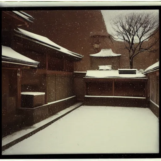 Prompt: atmospheric Polaroid photograph of snowy Japanese courtyard