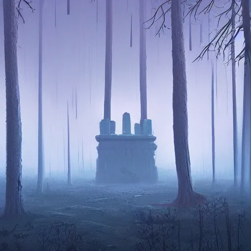 Prompt: monumental old ruins tower of a dark misty forest, overcast, sci - fi digital painting by simon stalenhag