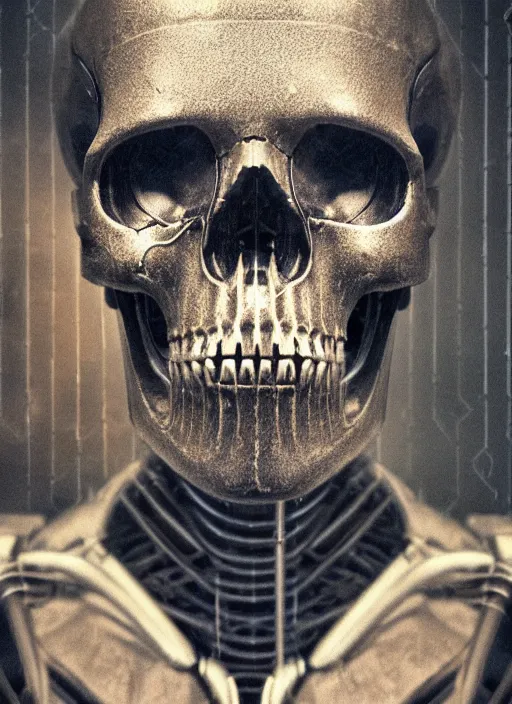 Image similar to 2 8 mm macro photo of metal skull with neon tubes half covered face with cybernetic enhancements as seen from a distance, scifi character portrait by greg rutkowski, canon 5 0 mm, film, photography, esuthio, craig mullins, 1 / 4 headshot, cinematic lighting, dystopian scifi gear, gloomy, profile picture, mechanical, half robot, implants, solarpunk