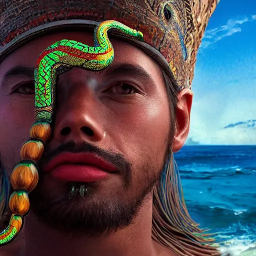 Image similar to portrait of a young quetzalcoatl, beach pic, depth of field, zeiss lens, detailed, symmetrical, centered, fashion photoshoot, by annie leibovitz and steve mccurry, david lazar, jimmy nelsson, breathtaking, 8 k resolution, extremely detailed, beautiful, establishing shot, artistic, hyperrealistic, beautiful face, octane render
