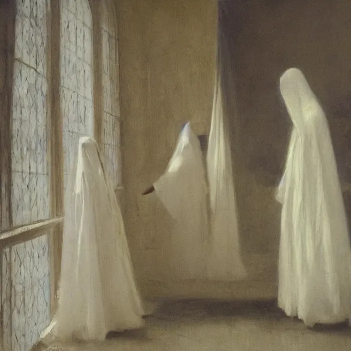 Image similar to medium shot, painting of white!! blurry!! half-transparent ghostly human figures, dark academia aesthetic, Hogwarts, magic vibes, soft lighting, by George Roux, by Vermeer, by Monet, by oil on canvas, Royal Academy, masterpiece, trending on artstation, cinematic composition, dramatic pose, beautiful lighting, sharp, details, hyper-detailed, HD