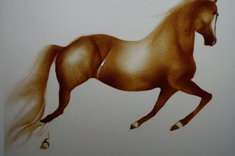 Image similar to beautiful serene horse, healing through motion, minimalistic golden and purple ink airbrush painting on white background