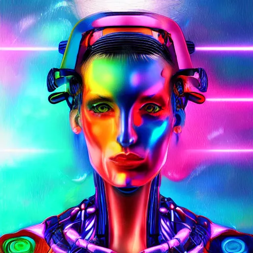 Prompt: portrait painting of a colorful cybernetic woman, fantasy, digital art