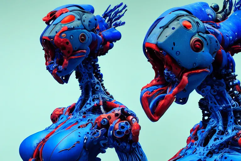 Image similar to portrait of a posed hyper detailed kaki and ultramarine leaplasher evangelion realistic mechanical and fleshy organic creature similar look as horizon forbidden west horizon zero dawn bioluminiscence in a dark deep forest at dawn in spring, with reflection and textures, by kilian eng, substance painter reaslitic mech surface metal painted scratches