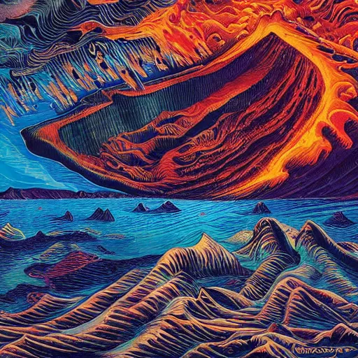 Image similar to vulcano, lava, ocean, surreal by dan mumford and umberto boccioni, oil on canvas