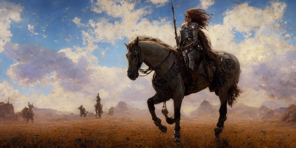 Image similar to full body girl armor and metal horse landscape of meadow by gaston bussiere, anna nikonova aka newmilky, greg rutkowski, yoji shinkawa, yoshitaka amano, tsutomu niehi, donato giancola, geoffroy thoorens, trending on artstation, featured on pixiv, cinematic composition, 8 k