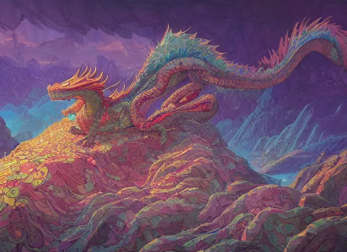 Image similar to psychedelic concept art of a dragon landscape made of thousands of spiraling dragons, cel shaded, in the style of makoto shinkai and moebius and peter mohrbacher and anton fadeev