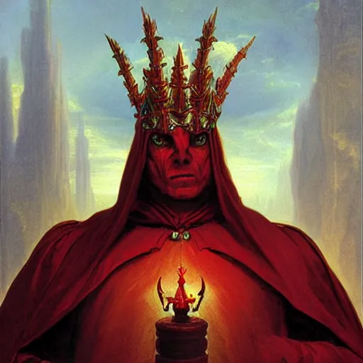 Image similar to A red demon mage. He is wearing mage armor and a crown. He is frowning seriously. Award winning oil painting by Thomas Cole and Wayne Barlowe