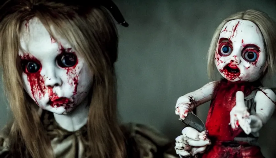 Image similar to big budget horror movie about an evil killer doll holding a bloody knife