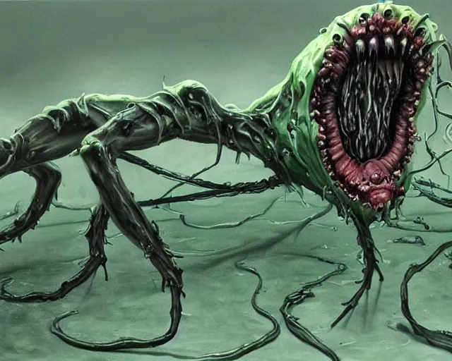 Image similar to Haunting horrifying hyperrealistic detailed painting of a tall slim spider canine creature made of slime, gelatinous green goop, heavy metal, disgusting, creepy, unsettling, and bloodshot eyeballs, hyper detailed, trending on Artstation