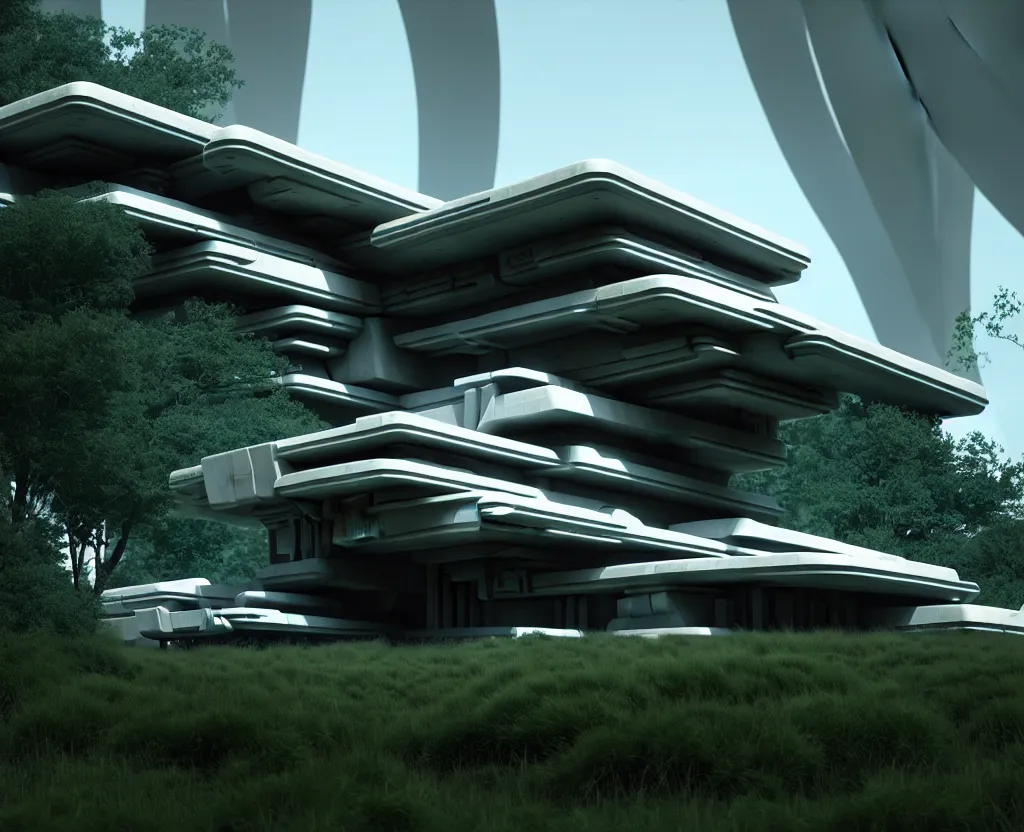 Image similar to futuristic sci-fi intricate rural architectural masterpiece by frank Lloyd wright and Zaha hadid, detailed, octane render, photo realism, 3D, ray tracing, photo realism