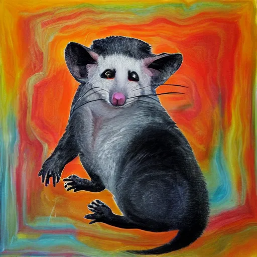 Image similar to danny devito in the form of a possum scaring away cats abstract painting