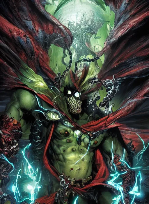 Image similar to first issue of spawn comic book cover art, au naturel, hyper detailed, digital art, trending in artstation, cinematic lighting, studio quality, smooth render, unreal engine 5 rendered, octane rendered, art style by klimt and nixeu and ian sprigger and wlop and krenz cushart