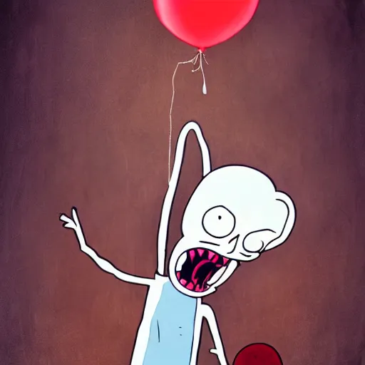 Prompt: grunge painting of bugs bunny with a wide smile and a red balloon rick and morty style, creepy lighting, horror theme, detailed, elegant, intricate, conceptual