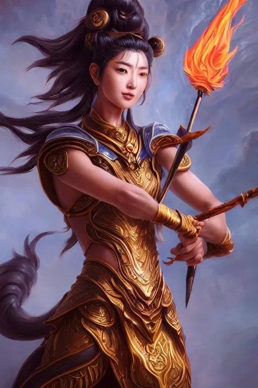 Image similar to a masterpiece portrait of nezha, legendary god holding spear and stand in flame, hero action pose, fantasy character portrait, closeup shot, hyper detailed, digital painting, 8 k realistic, trending on artstation, sharp focus, dof, by fenghua zhong, artgerm, ne zha from smite, tsuyoshi nagano, artgerm