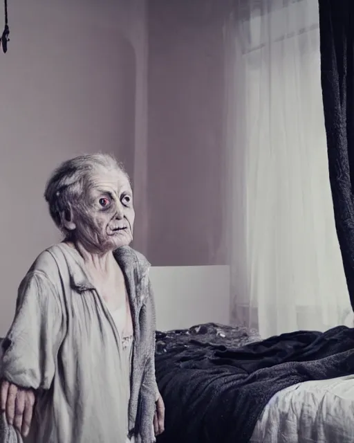 Prompt: in a bedroom a grotesque old woman standing by my bed at night, photorealistic horror, ultra realistic, dark gloomy