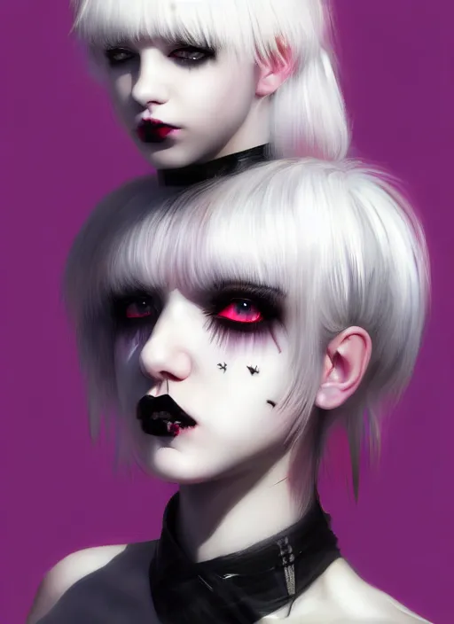 Image similar to portrait of white teenage girl, normal face, white bangs, mall goth, cyberlox, black and white hair, bangs, fluffy bangs, red contact lenses, purple lipstick, intricate, elegant, highly detailed, digital painting, artstation, concept art, sharp focus, smooth, illustration, art by wlop, mars ravelo and greg rutkowski