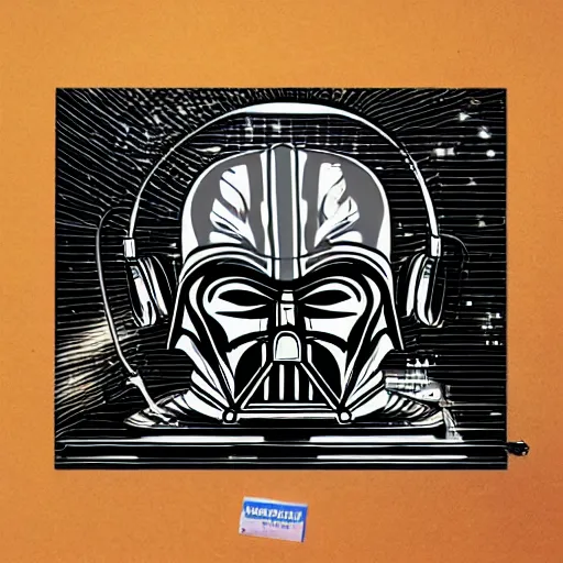 Image similar to svg sticker of a Pop-Wonder Darth-Vader at a rave, spinning records, giant headphones rocking out, wearing headphones, huge speakers, dancing, rave, DJ, spinning records, digital art, amazing composition, rule-of-thirds, award-winning, trending on artstation, featured on deviantart