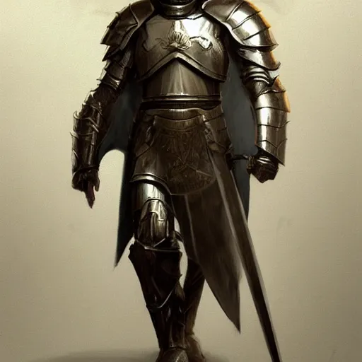 Prompt: man in crusader armor, helmet and white cape drawn by greg rutkowski realistic high detail