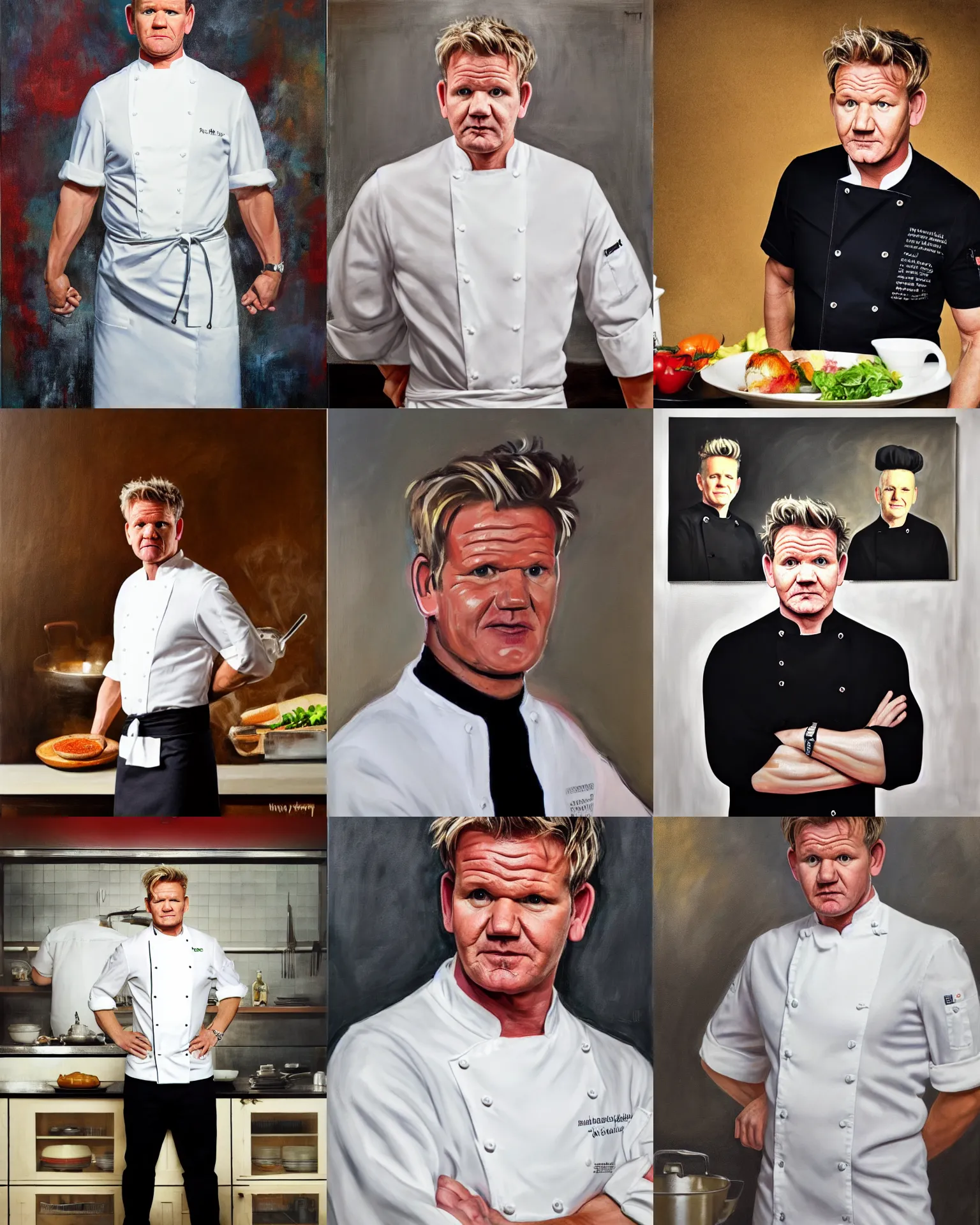 Prompt: A medium full shot of Gordon Ramsay wearing a chef uniform, kitchen background, oil on canvas, kitchen, classicism style